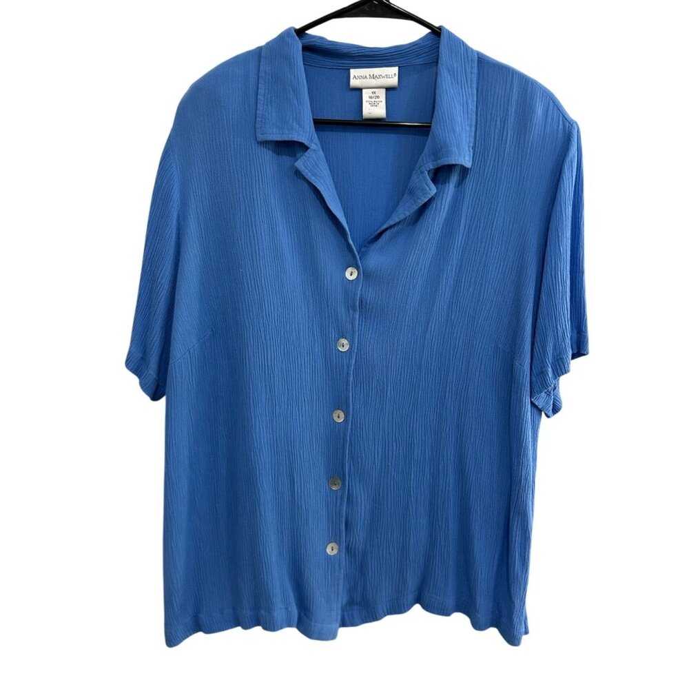 Anna Maxwell Womens Blue Button-Up Short Sleeve Blouse Sz 1X